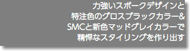 力強いスポークデザインと 特注色のグロスブラックカラー& SMCと新色マッドグレイカラーで 精悍なスタイリングを作り出す